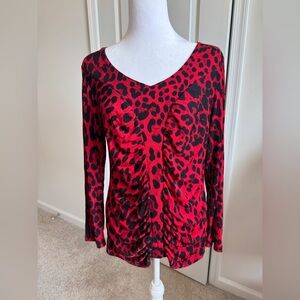 Susan Graver Red and Black Leopard Print V-neck Blouse size Medium